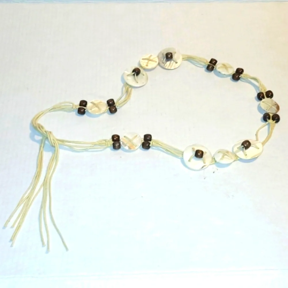 Belt Vintage white shells wood beads strung on heavy white cotton Coastal Boho